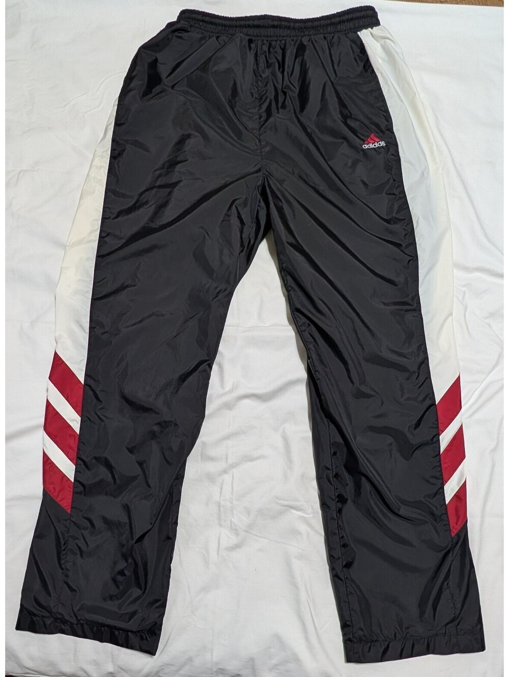 Vintage 90s Adidas Nylon Track Pants Mens XL Black White Striped Windpants Y2K